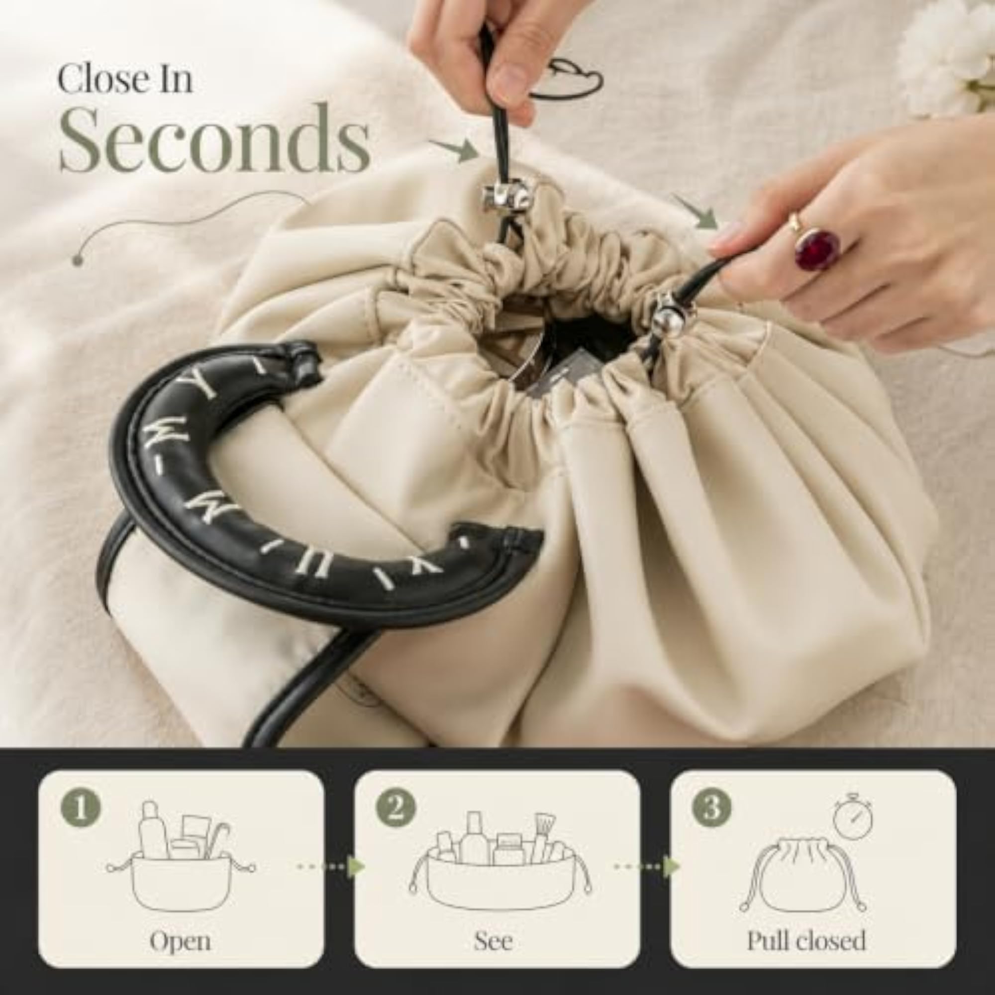 Lazy Drawstring Makeup Bag for Women, Large Capacity