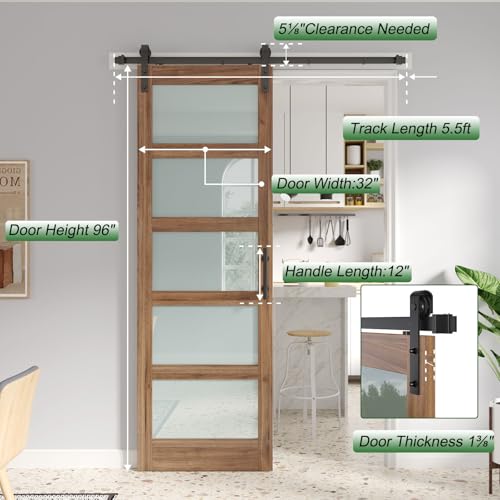 Image of FREDBECK 32 x 96 inch Glass Barn Door with 5.5FT Barn Door Hardware Kit & Handle Included,5-Panel Frosted Glass,Water-Proof Surface,Pre-Drilled Holes,Need Assembly