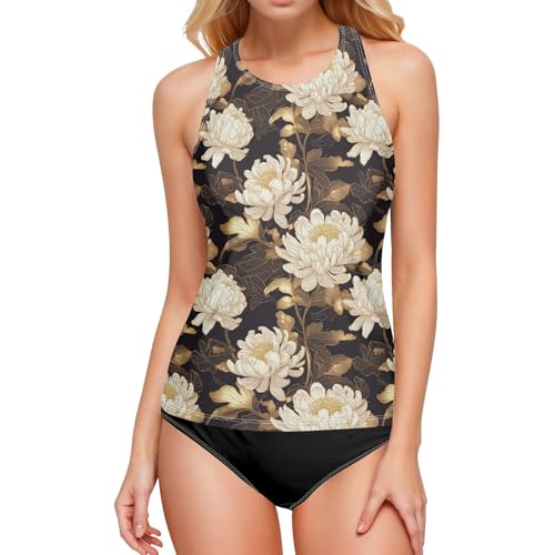 Tankini noir gainant pour femme avec motif fleuri doré qui affine la silhouette