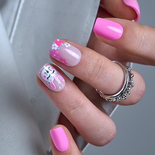CurvLife Short Square Floral Press On Nails, Rabbit Pink, Soft Gel