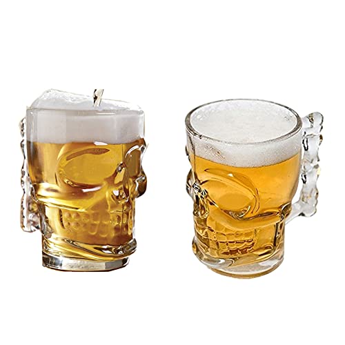 Fhupoy Totenkopf Bierkrug aus Glas 3D Schädel Biergläser Trinkglas Trinken Bier Tasse für Halloween Karneval Party 500ml 2 Stück Cover