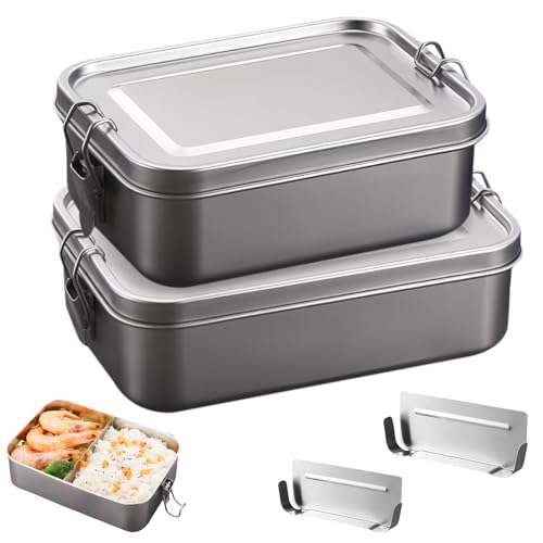 LEKEFETO 2er Set Edelstahl Brotdosen mit Trennfach | 850ml+1400ml Auslaufsichere Lunchbox | Spülmaschinenfest & Stapelbar | 304 Lebensmittelbox für Beruf & Outdoor