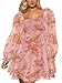 Aisbei Women's Casual Square Neck Puff Sleeve Babydoll Mini Dress Floral Print Ruffle A-Line Party Short Dresses-Pink XS
