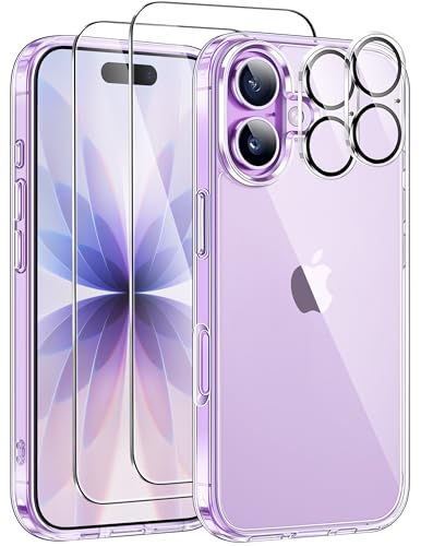 Guisessy 5 en 1 Funda para iPhone 17 con 2 Protector de Pantalla y 2 Protector Lente Cámara, Protección Militar PC Resistente Anti-Amarillo Antigolpes Antiarañazos Phone Carcasa, Transparente