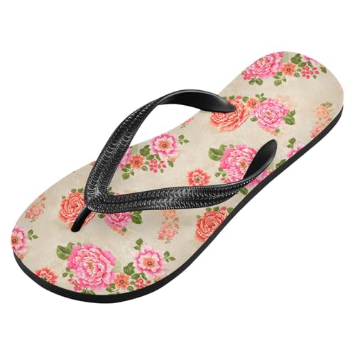 Sinestour Floral Peony Blossom Beige Flip Flops for Beach Thong Sandals Anti-slip Lightweight Beach Slippers for Summer Swim Travel2