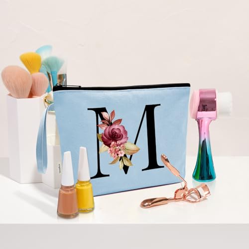 Image of Vavabox A-Z Personalized Makeup Bag, Birthday Gifts for Women Mom, Gifts for Best Friend, Bride Bridesmaid Cosmetic bag (M, Blue)
