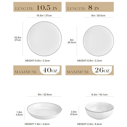 Image of MALACASA 24-Piece Gourmet Porcelain Dinnerware Sets, Modern White with Black Rim Round Dish Set for 6 - Premium Serving Plates and Bowls Sets for Dessert, Salad, Soup, Pasta - Series AMELIA