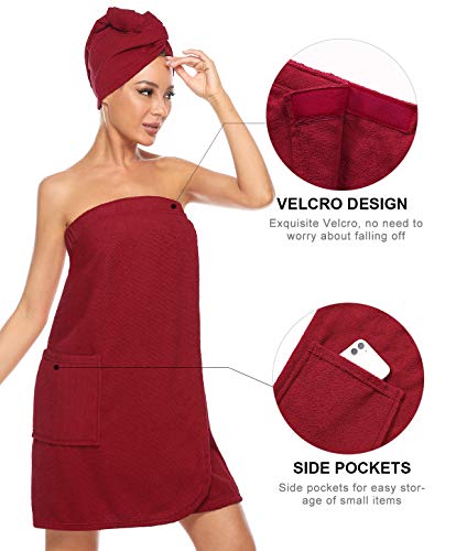 Vislivin Women's Towel Robe Spa Wrap & Hair Towel Bathrobe With Adjustable Closure - Wine Red L - Image 2