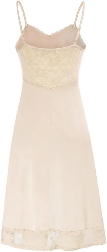 Women's Lace Full Lining Cotton V-Neck Pajamas Pajamas Thin Strap V-Neck A Line Slip Skirt(Beige,X-Large)