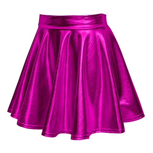 Exchic Women's Shiny Metallic Wet Look Stretchy Flared Mini Skater Skirt (Xl, Rose) #TOP2