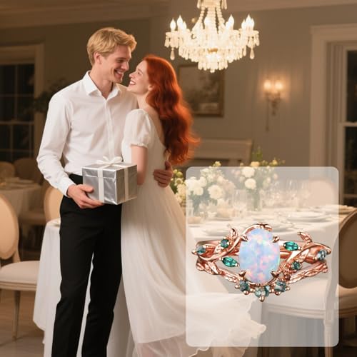 Personalized 1CT White Opal Engagement Ring Set for Women, 10K 14K 18K Solid Gold Leaf Vine Art Deco Wedding Ring Sets Bridal Promise Rings Gift for Her Bride Wife Mother2