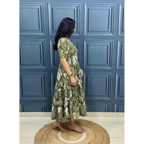 Image of Modestouze Attires Women's Paisley Pattern Rayon Midi Dress with Half Puff Sleeve Round Neck Calf Length and Pull On Closure Type