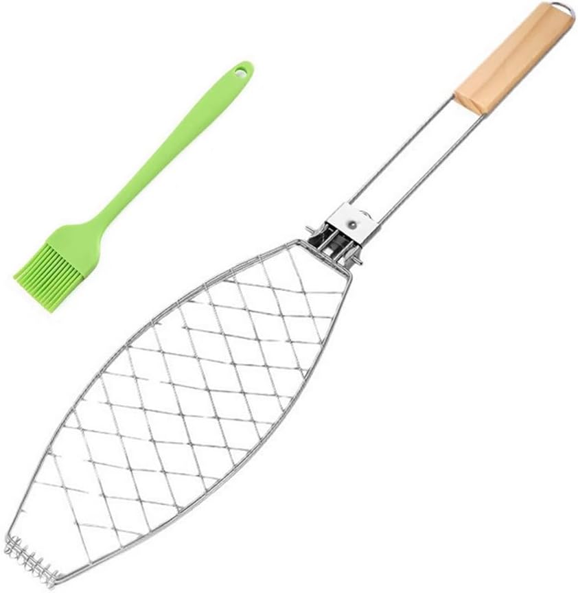 Fish Grilling Basket Fish Holder Kabob Salmon Shrimp Seafood Cage Rack with Oil Brushes