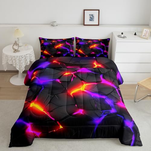 Image of Feelyou Kids Honeycomb Duvet Insert King Size, Purple Black Hexagonal Bedding Set Geometrical Comforter Set Boys Girls Teens Bedroom Decor Bed Set 3Pcs