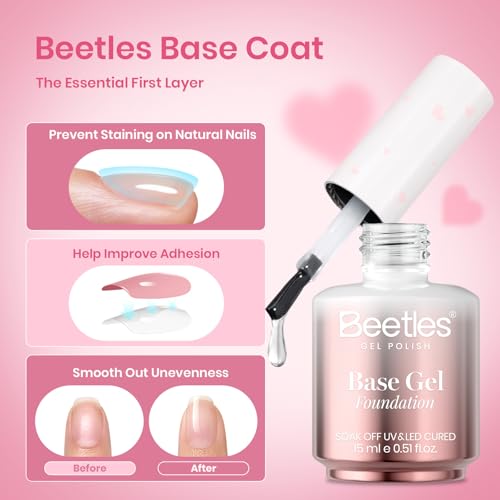Image of Beetles Gel Base and Top Coat Set, 2Pcs 15ml No Wipe Top Coat Gel Nail Polish & Strong Adhesion Base Coat Long Lasting UV Lamp Needed Nail Art Design Manicure Gifts for Women