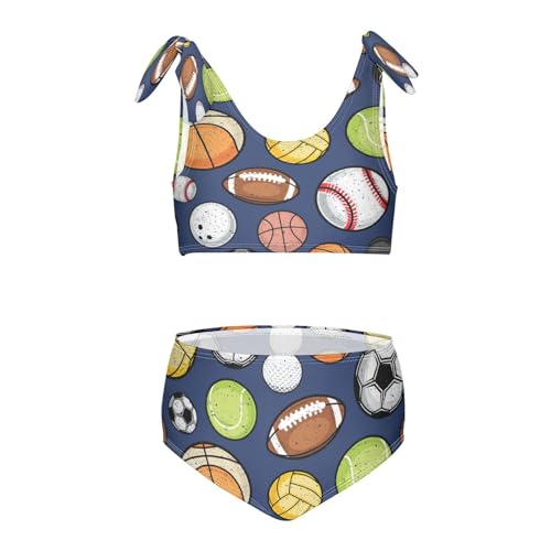 Retro Sport Balls Girls Swimsuits 2 Piece Baseball Football Swimwear Bikini Set Bathing Suit for Girl Kids 11-12T Multicolor