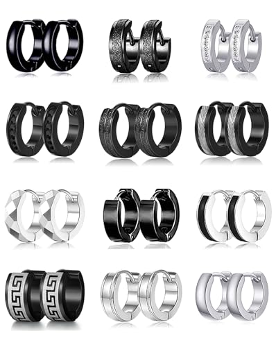 12 Pairs Hoop Earrings for Men Stainless Steel Huggie Earring Round Circle CZ Bevel Edge Unique Greek Key Hoops Piercing Jewelry Set Black Silver Tone