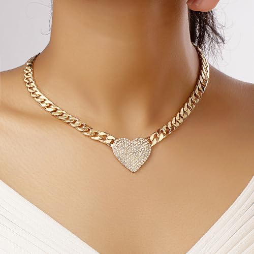 HUJUON Rhinestone Heart Necklace for Women Gold Silver Heart Pendant Choker Necklace Cuban Link Chain Love Heart Chunky Necklace Zircon Heart Statement Necklace4