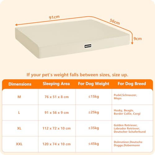 HMTOPE Orthopädisches Hundebett, 9cm Dicke Hundekissen für Mittelgroße Hunde, Abnehmbar und Waschbar Hundematte, rutschfeste Unterseite, Wasserdichtes Innenfutter, 91 cm, Beige