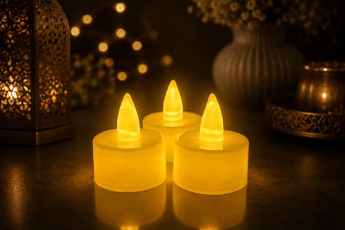 Image of LED Tea Light Candles, White with Warm White Light, 4x4 cm, 120 Grams, Pack of 24, Flameless for Indoor Diwali, Wedding, Temple and Festive Decor