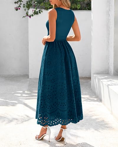 Image of dowerme Women Summer Dresses 2026 Casual Sleeveless Crewneck A-Line Boho Lace Eyelet Cotton Tank Maxi Dress with Pockets