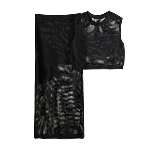 Ensemble femme jupe gilet sans manches tricot mince d'été ajouré