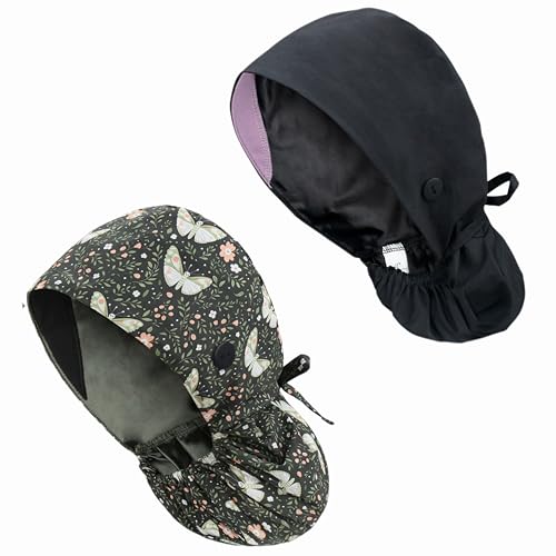 Image of Satin-Lined Scrub Working Cap with Ponytail Pocket, 2 Packed Cotton Medical Hat with Sweatband & Button, Elastic Bandage Tie Back Hats, One Size