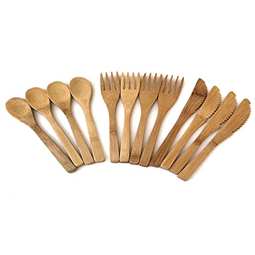 Bamboo Utensils (12 Pack), Reusable Bamboo Cutlery, Bamboo Fork, Bamboo Knife, Bamboo Spoon Set, Bamboo Silverware, Wooden Utensils, Wooden Cutlery