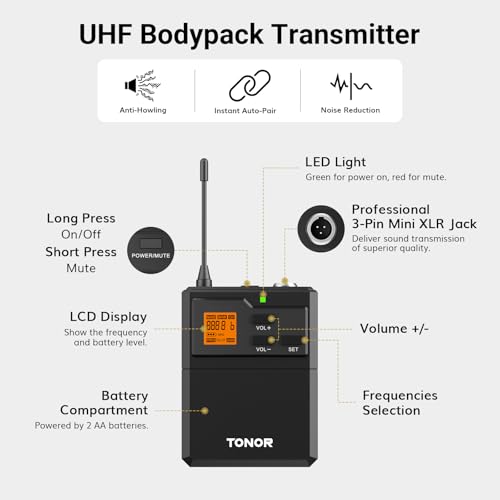 Image of TONOR UHF Wireless Microphone System with Headset Mic /Lavalier Lapel Mic, Bodypack Transmitter, Rechargeable Receiver, 15 Channels 200ft Range 1 /4 inch Output for Recording Live Performance PA Speaker