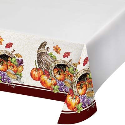 Fall Season Thanksgiving Party Decorations, Cornucopia Pattern Printed Plastic Tablecover 54 Inch x 102 Inch, Box of 12