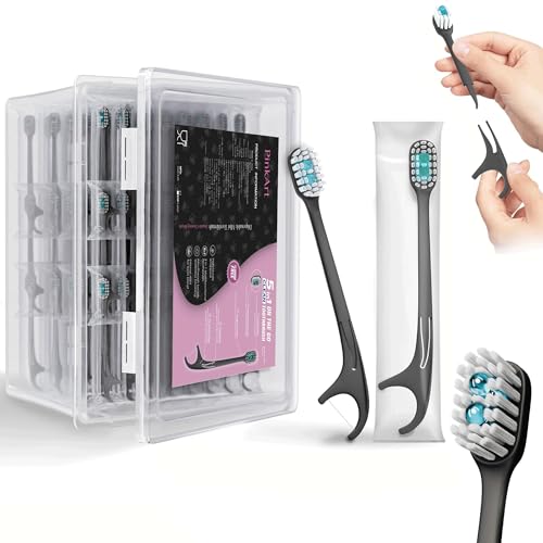 Pinkart 5-in-1 Travel Toothbrush | Disposable toothbrushes with Toothpaste | Floss/Toothpick/Tongue Scraper | Individually Wrapped Disposable toothbrushes | 5.3" Extended Handle (96 Count)