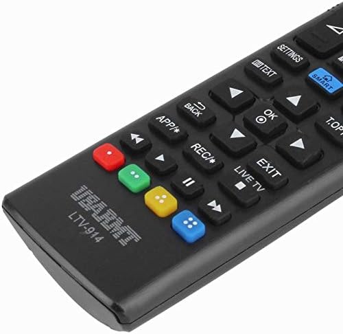 Close-up of the lower section of the Calvas USARMT LTV-914 remote control, highlighting the colored function buttons and navigation keys.