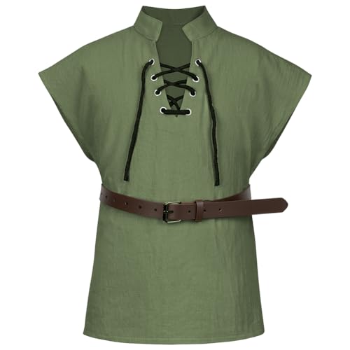 AYBUY Disfraz medieval niños, camisa renacentista con cordones niños, camisa pirata con cinturón, sin mangas, top cosplay niño para Halloween, carnaval medieval, Verde militar, 110