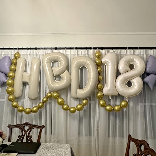Image of 40 Inch Cream HBD Balloons for Boho Birthday Party Decorations, Giant Beige HBD Letter Foil Mylar Balloon Banner Helium Supported, Ivory White Sand Neutral Happy Birthday Sign for Girls Women Boys Men