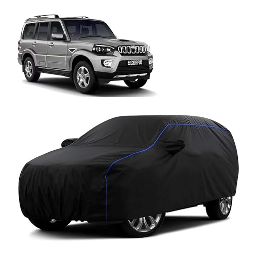 Image of Sulfar 100% Water Resistant Car Body Cover Compatible with Mirror for Mahindra Scorpio (Triple Stitched, Full Bottom Elastic, Black Tafetta with Blue Piping)