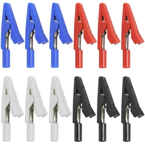 12 Stk Isolierte Krokodilklemmen Klein (2mm), Vollisolierte Krokodilklemmen in 4 Farben, Sicherheitsprüfung Alligator-Clip, für 2mm Prüfspitzen und Bananenstecker
