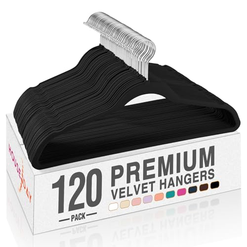 Image of HOUSE DAY Black Velvet Hangers 120 Pack, Premium Clothes Hangers Non-Slip Felt Hangers, Sturdy Black Hangers Heavy Duty Coat Hangers, Durable Suit Hangers, Space Saving No Hanger Mark Rotating Hook