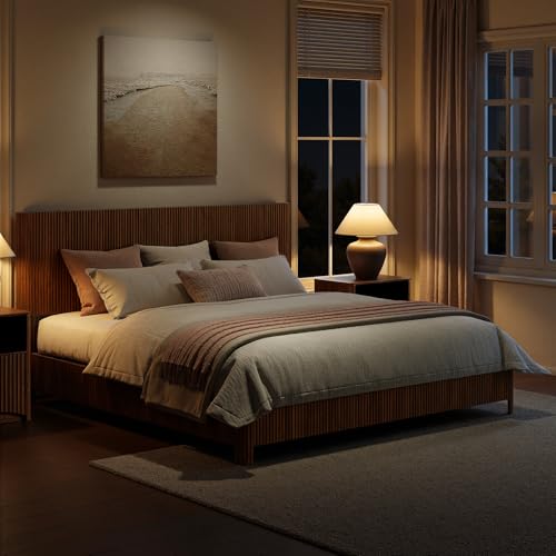 Image of Evermagin Walnut King Bed Frame with Headboard, Mid Century Modern Fluted Platform Bed, Boho Wooden Bed Base No Box Spring Needed, Wavy Grooved Panel