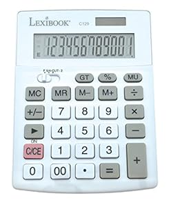 Lexibook, Calculatrice de Bureau 12 Chiffres avec Écran LCD, 8 Fonctions, Larges Touches, Solaire & Piles, Blanche/Grise, C129