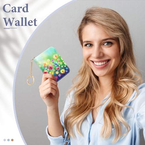 Image of Credit Card Holder RFID Wallet for Women, Small Leather Card Organizer Case with Zipper and Keychain, Hydrangea