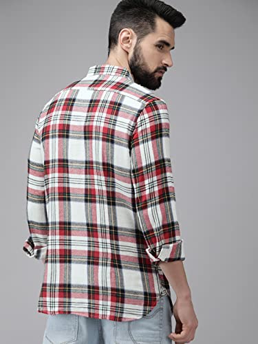 Image of THE Bear House Men's Cotton White & Red Slim Fit Checked Cotton Flannel Casual Shirt