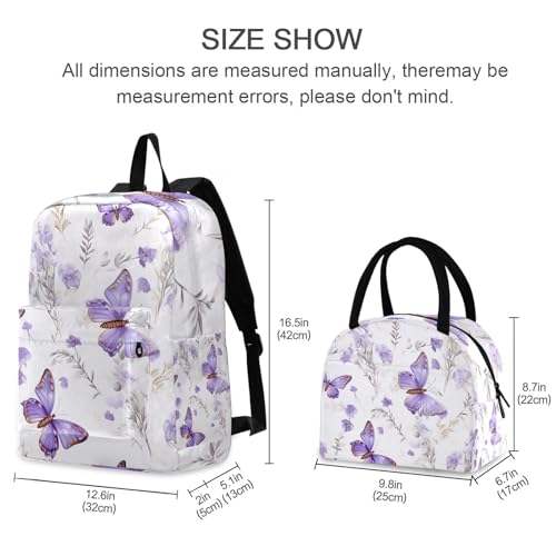 School Bags, Floral Butterfly Lavender Purple Waterproof Lunch Bag, Backpacks for Middle School Students2