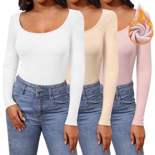 Huukeay 3 Pack Women's Long Sleeve Thermal Shirts, Ribbed Scoop Neck Slim Fit Under Scrub Tops T Shirts Baselayer Tops(S,White, Apricot, Dusty Pink)