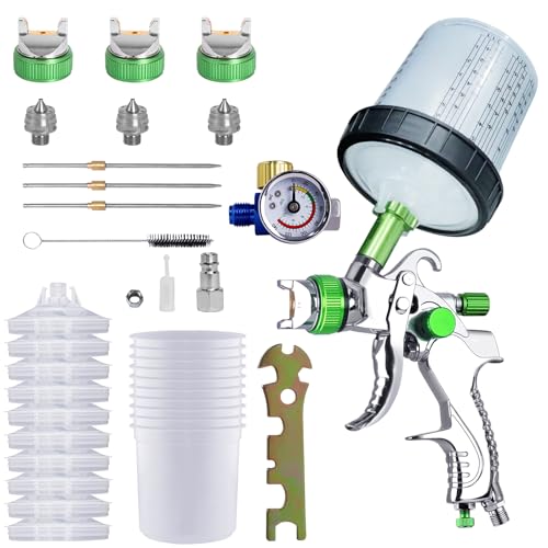 HVLP Lackierpistole Set-Spritzpistole mit 10 Einwegbechern(600ml) und Manometer, Auto-Spritzpistolen-Set mit 3 Düsen(1.4/1.7/2.0 mm),Farbmischung, Schnellbecher für Zuhause(Grün)