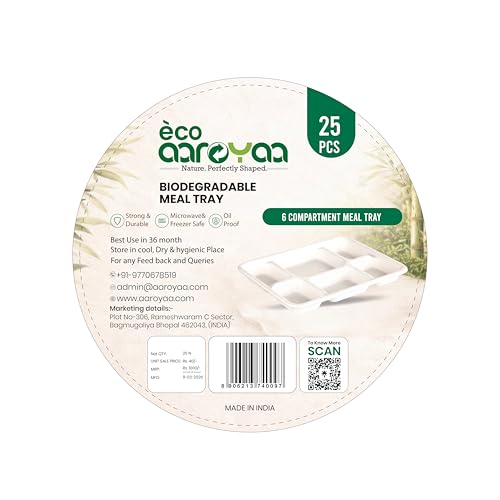 Image of Eco Bagasse 6 Compartment Meal Trays - Eco-Friendly Bagasse Disposable Plates - Strong Oil & Water Resistant Disposable Plates with Compartments for Parties, Catering & Events (Pack of 25)