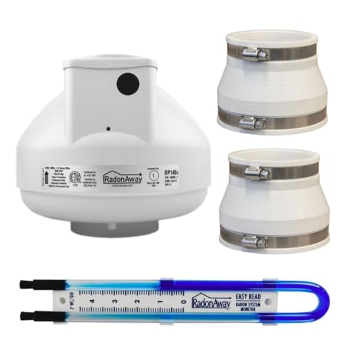 RadonAway RP145c Radon Mitigation Fan Kit Includes U-Tube Manometer + (2) 4 x 3 White PVC Couplings Quiet Energy-Efficient Active Soil Depressurization Fan