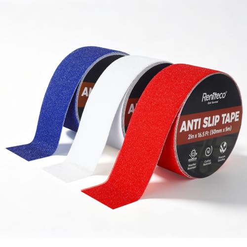 Image of Reniteco Anti Slip Tape 3PC, 2 inch x 16.5Ft Heavy Duty Grip Tape, High Adhesion & Waterproof, No Residue, for Outdoor Stairs, Tile, Shower, Bathtub - Extra Grip Safety Tape (Red, Blue, Clear)