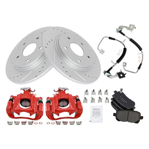 Image of TRQ Performance Rear Brake Pad and Rotor Set Ceramic Coated Drilled Slotted