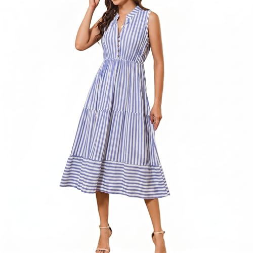 Image of BROVAVE Womens 2026 Summer Sleeveless Shirt Dress Collar Striped V Neck Casual Midi Dresses