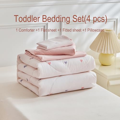 Image of JHXHMX 4 Pieces Toddler Bedding Set,Pink Heart Toddler Comforter Sets for Girls,Soft Crib Bed Sheets Set Includes Quilted Comforter,Fitted Sheet,Flat Top Sheet and Envelope Pillowcase